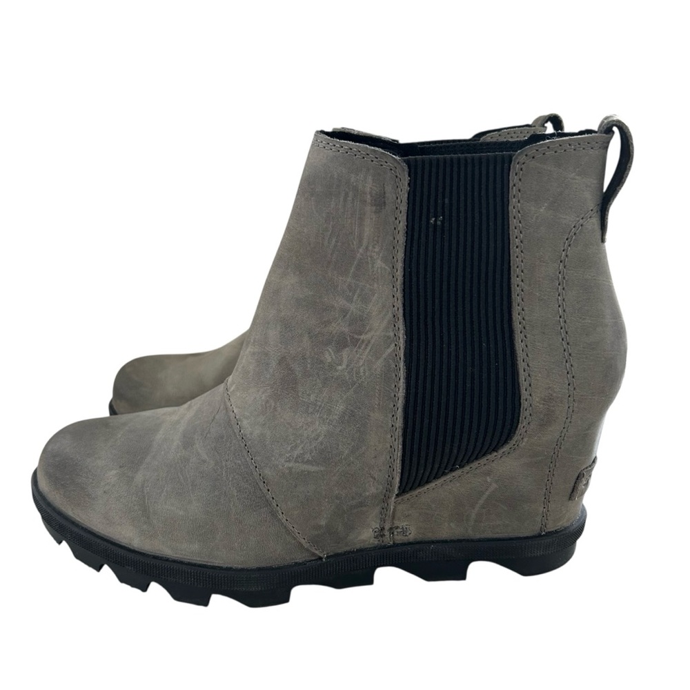 SOREL Joan of Arctic Grey Leather Wedge II Chelsea Ankle Booties 9.5